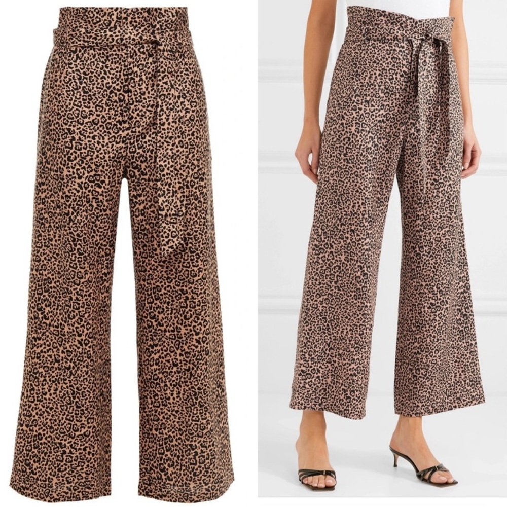 REFORMATION Jackie cropped belted leopard-print linen wide-leg pants Size 12